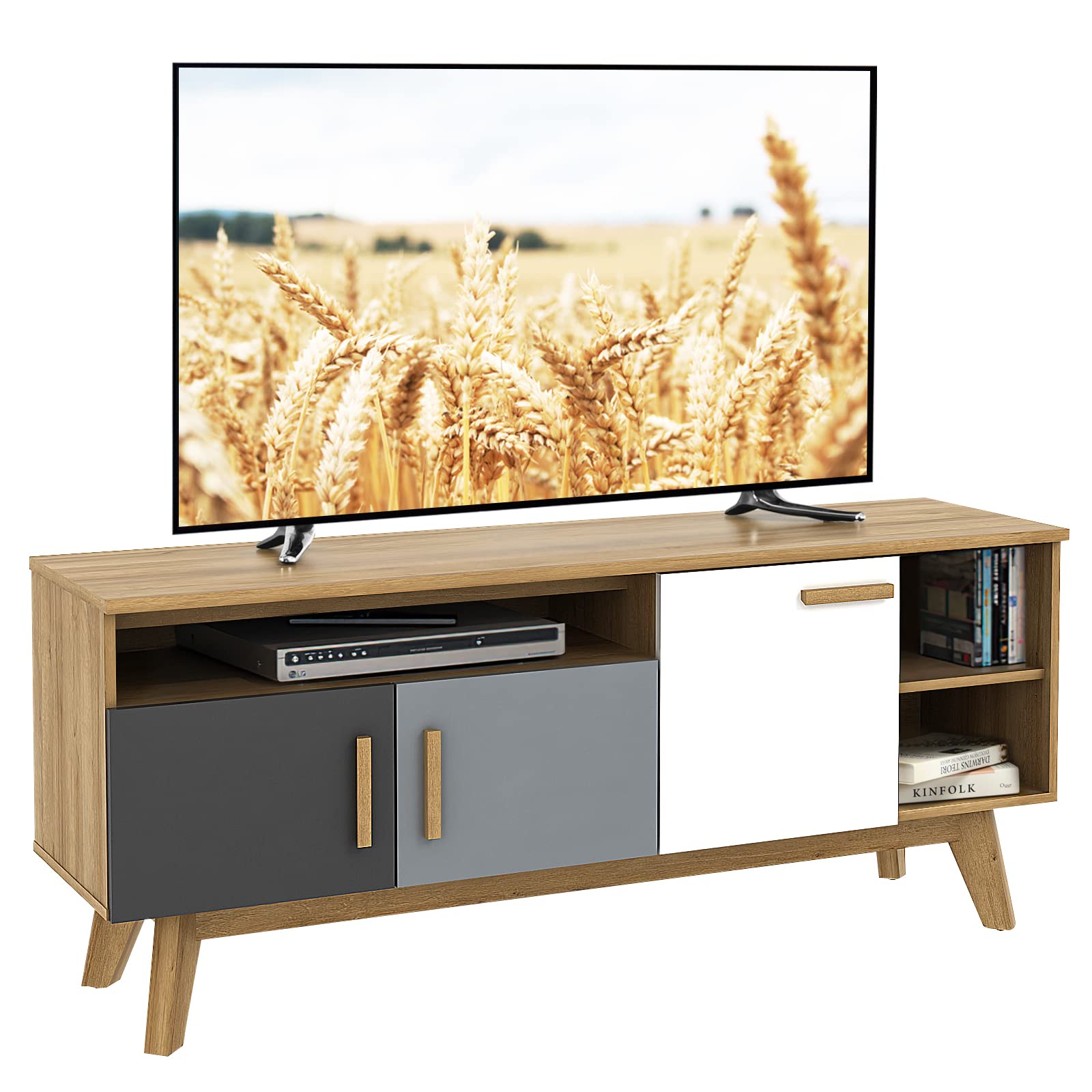 Meuble TV moderne Tangkula, Table console TV en bois pour téléviseurs jusqu'à 65 pouces, Meuble de divertissement avec 3 armoires de rangement (Naturel)